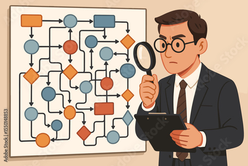 Business manager analyzing complex data flow chart, workflow optimization, process improvement audit, decision making, corporate strategy, research, vector cartoon illustration