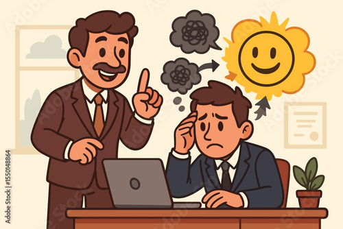 Business mentor coaching stressed employee, transforming negative thoughts into positive mindset. Office teamwork support, mental health, motivation, stress management. Vector cartoon illustration