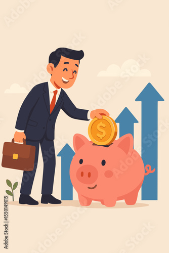 Businessman Depositing Coin into Piggy Bank, Financial Growth, Investment Planning, Savings and Wealth Management, Retirement Fund, Economic Success, Upward Arrows, Cartoon Vector Illustration