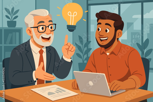 Business mentor executive shares creative idea with young employee in modern office. Problem solving, teamwork, innovation, collaboration, coaching, leadership, consulting. Vector illustration.