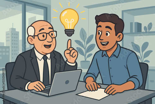 Senior executive mentor explaining innovative business solution to young colleague, teamwork brainstorming, creative idea generation, modern office, leadership coaching, vector cartoon illustration
