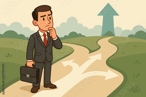 Businessman Decision Making at Career Crossroads. Cartoon Vector Illustration of Professional Facing Multiple Paths with Direction Arrows, Ambitious Choice, Leadership, Strategy, Opportunity Concept