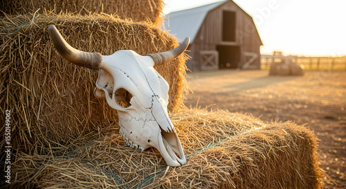 Sunlit Scene Of Skull And Hay Bales With Rustic Barn In Background