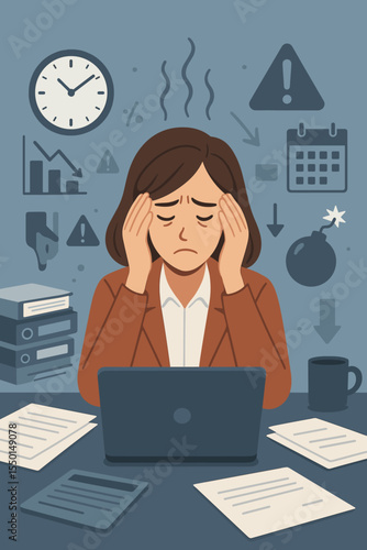 Overwhelmed businesswoman at office desk surrounded by stress symbols, emotional burnout, mental fatigue, deadline pressure, anxiety, paperwork overload, cartoon vector illustration concept