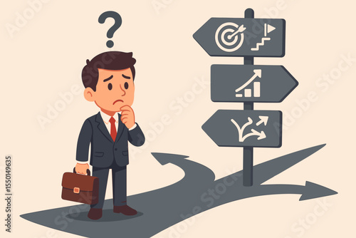 Confused Businessman at Crossroads Choosing Career Path. Cartoon Vector Concept of Decision Making, Ambiguous Business Goals, Uncertainty, Directional Signs, Future Opportunity, Strategy Choices