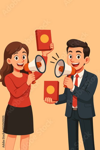 Business people promoting product with megaphone. Man and woman marketing campaign. Advertising strategy teamwork. Vector illustration. Communication, branding, sales promotion, partnership concept