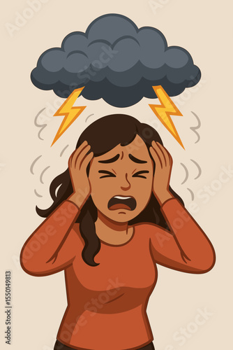 Stressed woman holding head under dark thunderstorm cloud with lightning bolts, anxiety depression mental health crisis, vector cartoon illustration, overwhelmed emotion negative mood concept