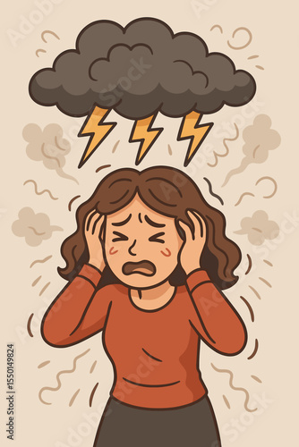 Stressed anxious woman overwhelmed by storm cloud and lightning. Negative emotions, mental health crisis, depression, anxiety, frustration, burnout, cartoon illustration, stress concept vector