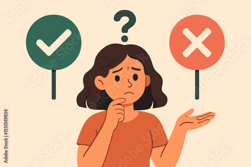 Indecisive woman choosing between yes and no. Female character pondering decision with checkmark and cross symbols. Confused, uncertain choice, doubt, flat cartoon vector illustration concept.