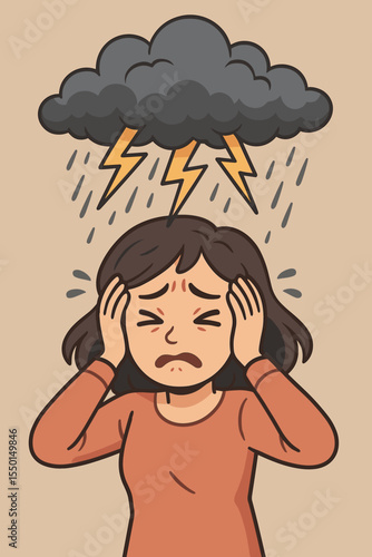 Stressed woman overwhelmed by storm cloud and lightning, headache, anxiety, depression, negative emotions, mental health crisis, cartoon illustration, psychological trouble, rain, despair