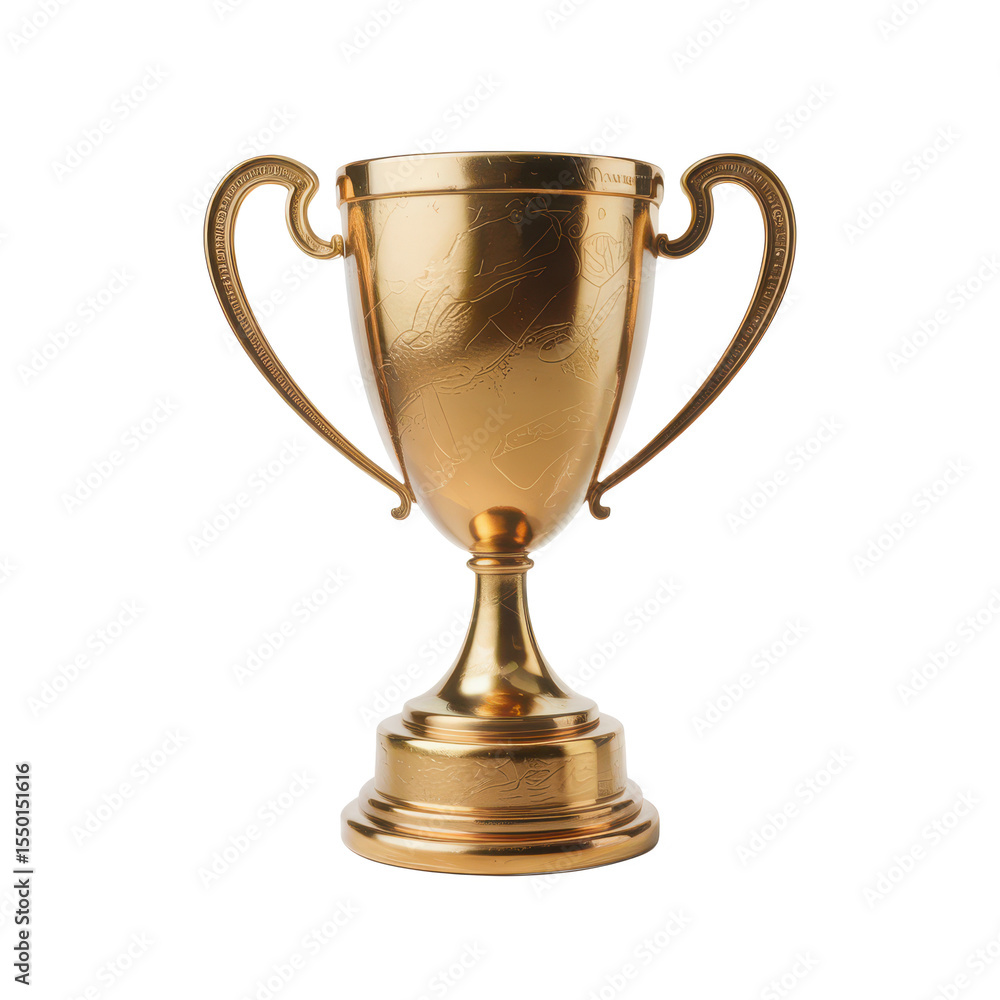 Elegant golden trophy with intricate engravings and handles symbolizing victory and achievement isolated on transparent background Elegant golden trophy with intricate engravings and handles symbolizing victory and achievement isolated on transparent background