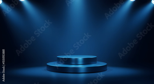 Two Tiered Round Podium in Blue with Spotlights for Product Presentation