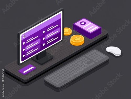 Digital workspace illustration featuring a computer monitor displaying user interface, keyboard, mouse, and coins, representing online financial transactions and modern technology