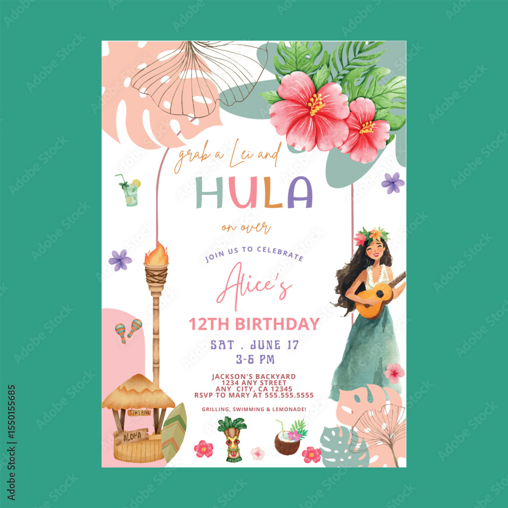Ταπετσαρία Tropical Summer hawaiian hula on over Birthday Invitation
