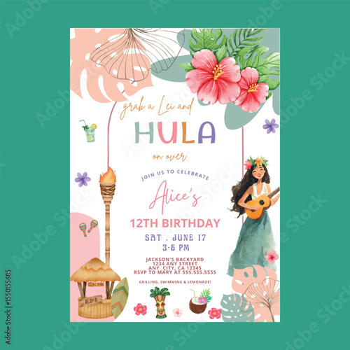 Tropical Summer hawaiian hula on over Birthday Invitation