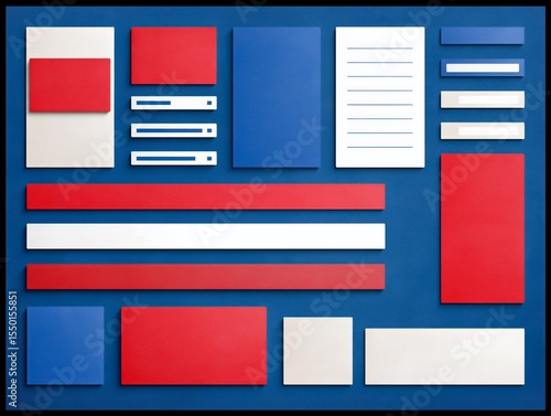 Colorful arrangement of red, white, and blue paper shapes and stationery items on a blue background, showcasing vibrant design elements for creative projects and presentations