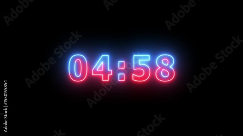 4K countdown animation, 5 minutes displays a timer counting down minutes and seconds black background.