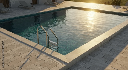 Swimming pool with turquoise water metal ladder stone tile deck. Sunlight reflects on clear surface. Luxury resort vacation concept
