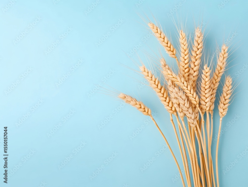 Fototapeta premium Wheat stalks on light blue background