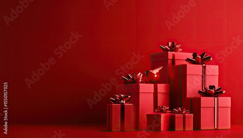 Red gift boxes stacked against a red background