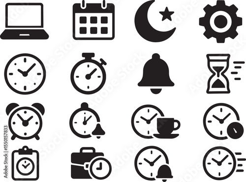Collection of black and white time management and productivity icons for digital design