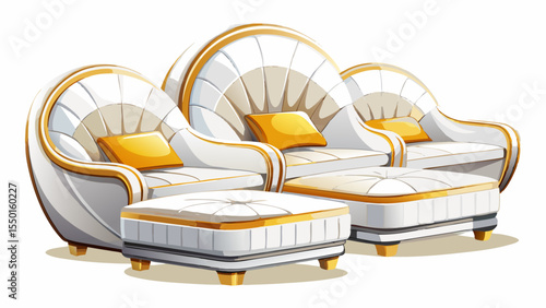 Gracefully curved, these modern luxury white lounge seats reflect pure comfort. Their pristine tone, isolated on white, blends luxury and serenity—an inviting centerpiece in clean, elegant vector desi