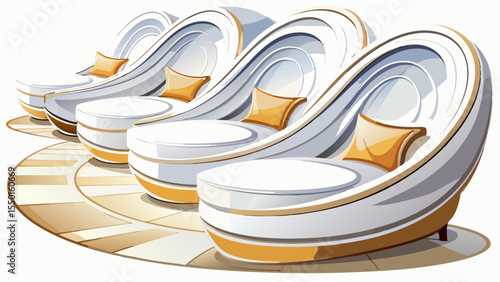 Gracefully curved, these modern luxury white lounge seats reflect pure comfort. Their pristine tone, isolated on white, blends luxury and serenity—an inviting centerpiece in clean, elegant vector desi