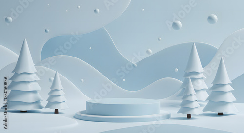 Minimalist winter scene with product display podium