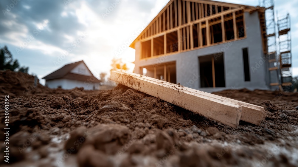 Obraz premium A modern house under construction at a building site shows the craftsmanship and dedication involved in creating living spaces, symbolizing progress and development.