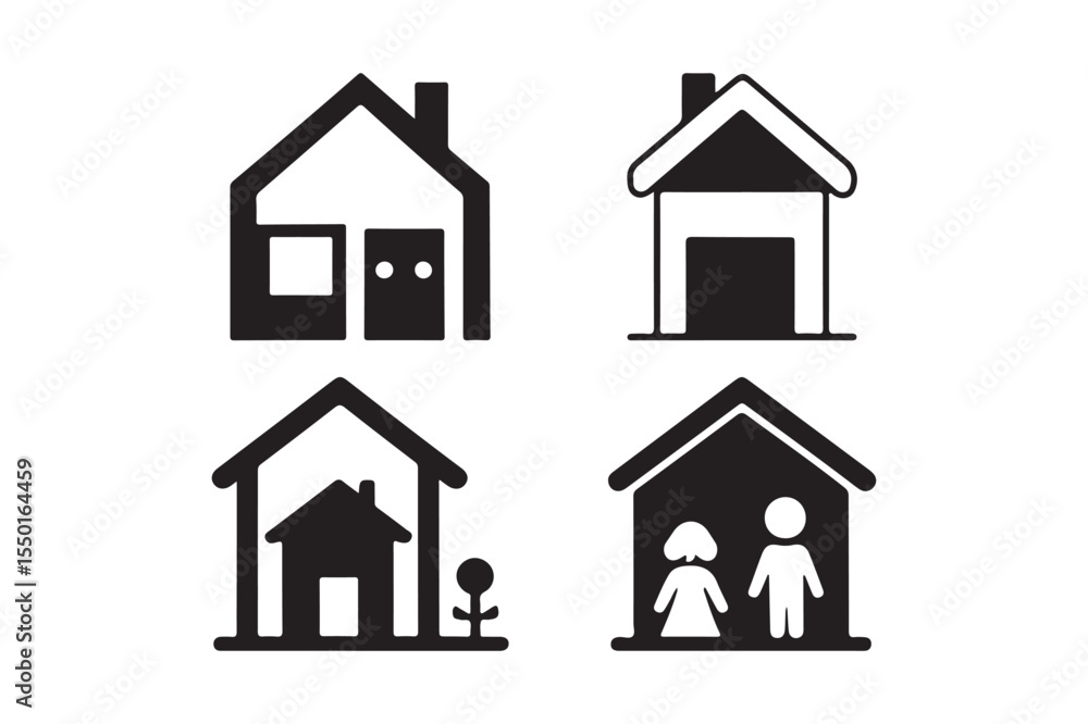 Minimal Home Icon Collection with Family and Shelter Symbols Minimal Home Icon Collection with Family and Shelter Symbols