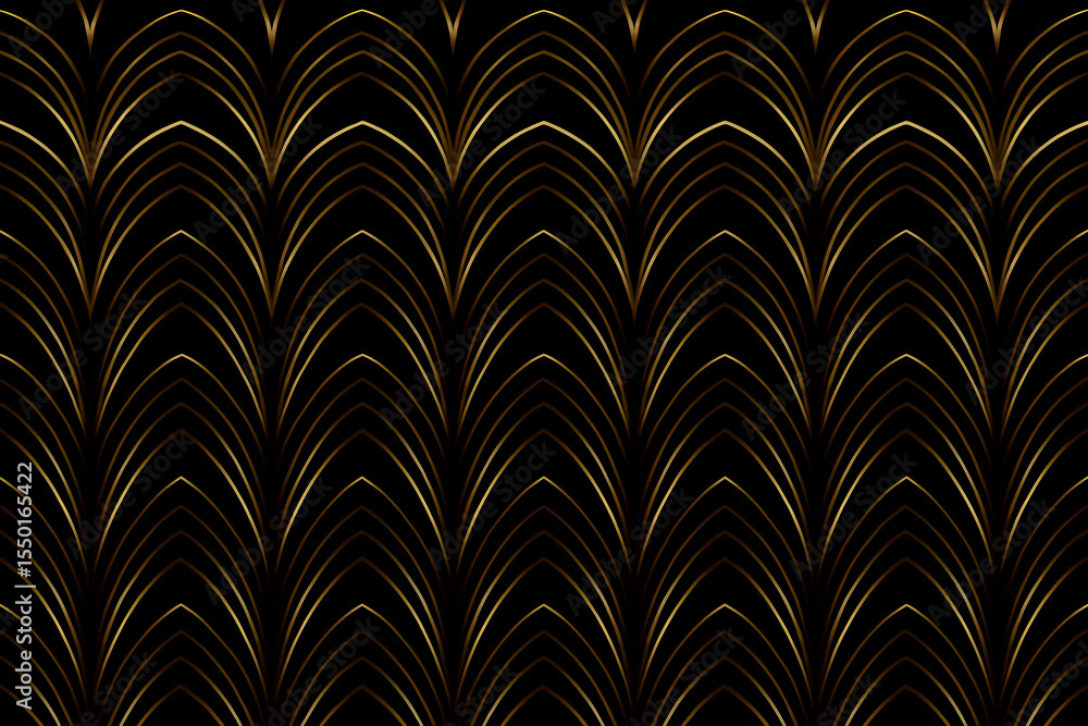 Fototapeta Seamless Black and Gold Art Deco Fan Pattern with Vertical Geometric Lines for Elegant Background or Retro Themed Projects