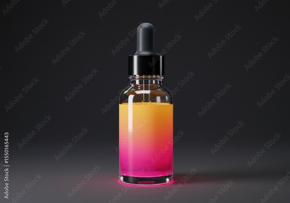 A glass bottle with a pink and orange gradient liquid and a black dropper sits on a dark background A glass bottle with a pink and orange gradient liquid and a black dropper sits on a dark background