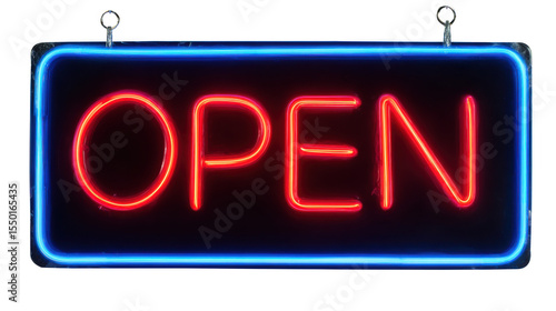 Red neon open sign with blue border isolated on transparent background
