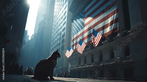 An urban cat sits serenely amidst the hustle gazing upon American flags adorning Wall Street in hazy sunlight and a low