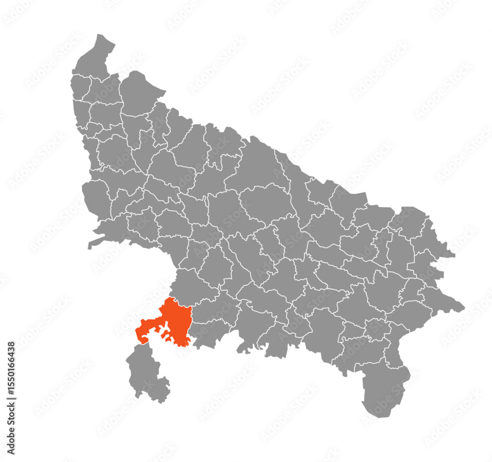 Fototapeta premium Jhansi District Highlighted in Uttar Pradesh State Map of India