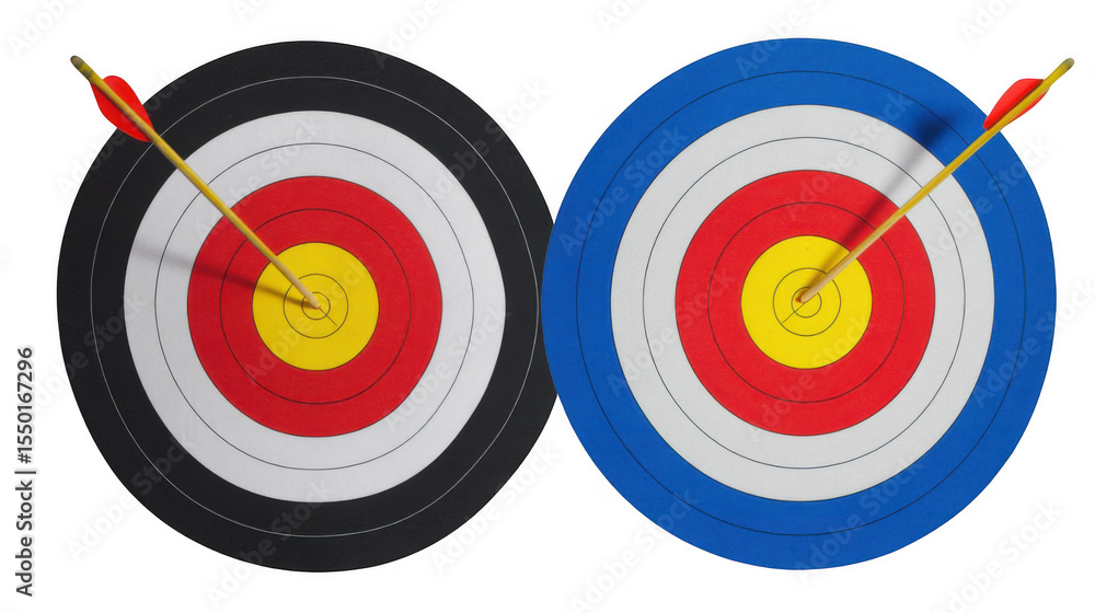 Two archery targets with arrows hitting the bullseye, isolated on transparent background Two archery targets with arrows hitting the bullseye, isolated on transparent background