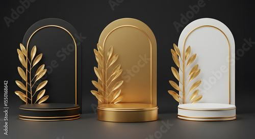 Three elegant podiums with gold accents and decorative leaves in black gold and white colors