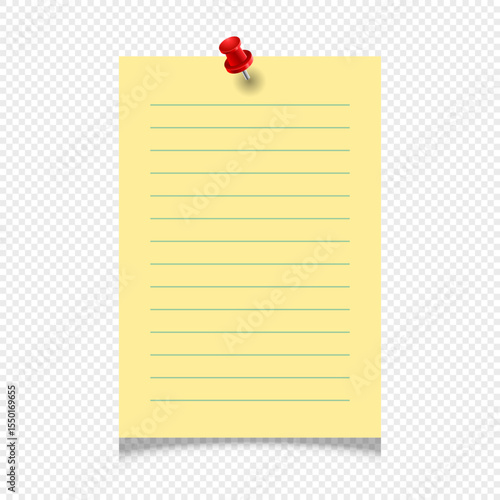 Sticky note with red pushpin isolated on transparent background, yellow paper sheet with green lines for reminders, messages, memos, school or office stationary design