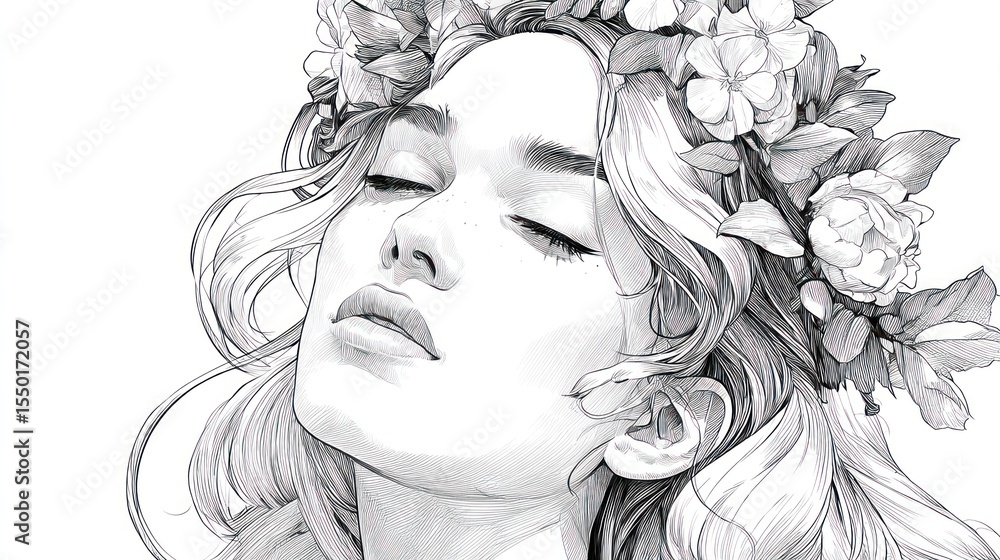 Fototapeta premium Grayscale portrait of a woman with floral crown