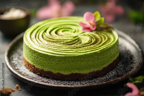Matcha cheesecake with vibrant green swirls, studio lighting