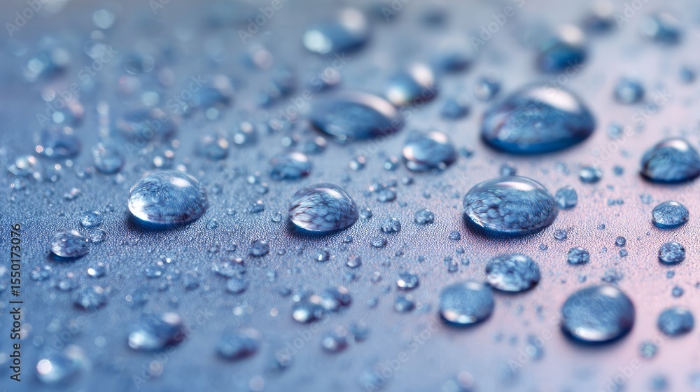 Droplets of water scattered across a pale blue surface, aerial perspective Droplets of water scattered across a pale blue surface, aerial perspective