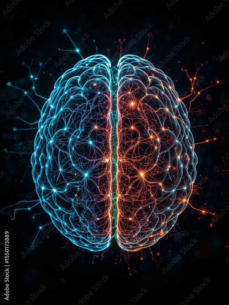 custom made wallpaper toronto digitalA glowing brain with blue and red hemispheres connected by neural pathways on a dark background