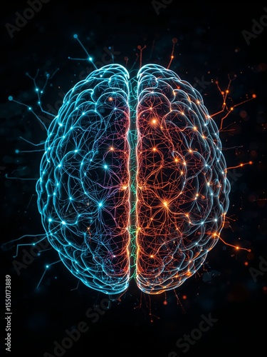 Wallpaper Mural A glowing brain with blue and red hemispheres connected by neural pathways on a dark background Torontodigital.ca