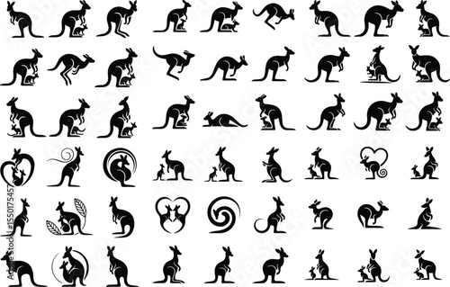 Mother Kangaroo and Joey Silhouette Pack – High-Quality Animal Icons Kangaroo with Baby Icon Silhouette Set – Wildlife Animal Vector Collection