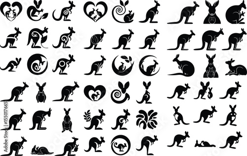Mother Kangaroo and Joey Silhouette Pack – High-Quality Animal Icons Kangaroo with Baby Icon Silhouette Set – Wildlife Animal Vector Collection