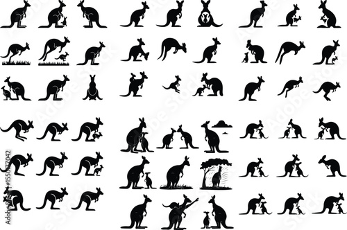 Mother Kangaroo and Joey Silhouette Pack – High-Quality Animal Icons Kangaroo with Baby Icon Silhouette Set – Wildlife Animal Vector Collection