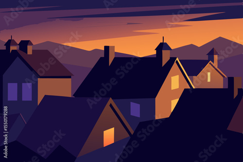 Moonlit house on a hill with village rooftops and trees against a night sky silhouette
