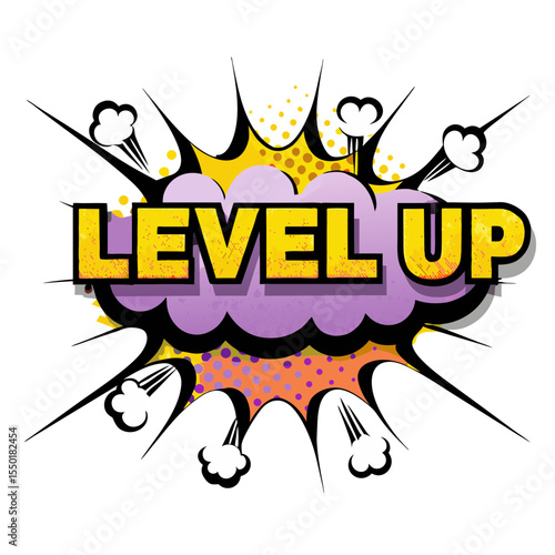 "Level Up" text in comic book style pop art, isolated vector image on transparent background
