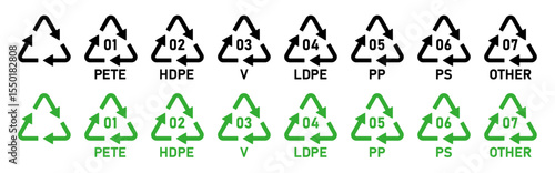 Plastic recycle code icon set with name label in black green color vector reuse sign for industrial use. 1 to 7, PET, HDPE, PVC, PP, PS, other types.