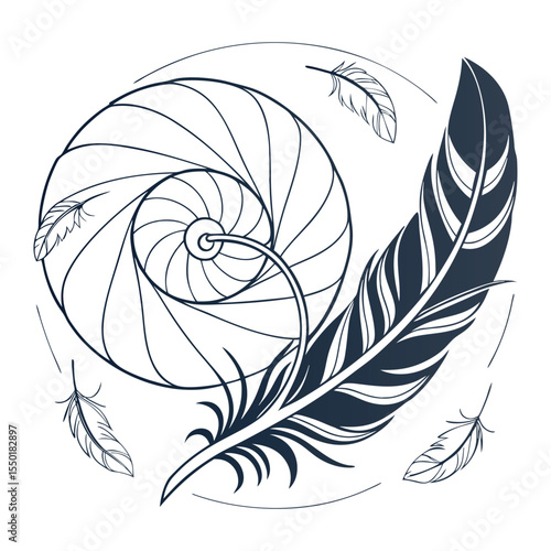 artistic sketch of feathered swirl and shell vector